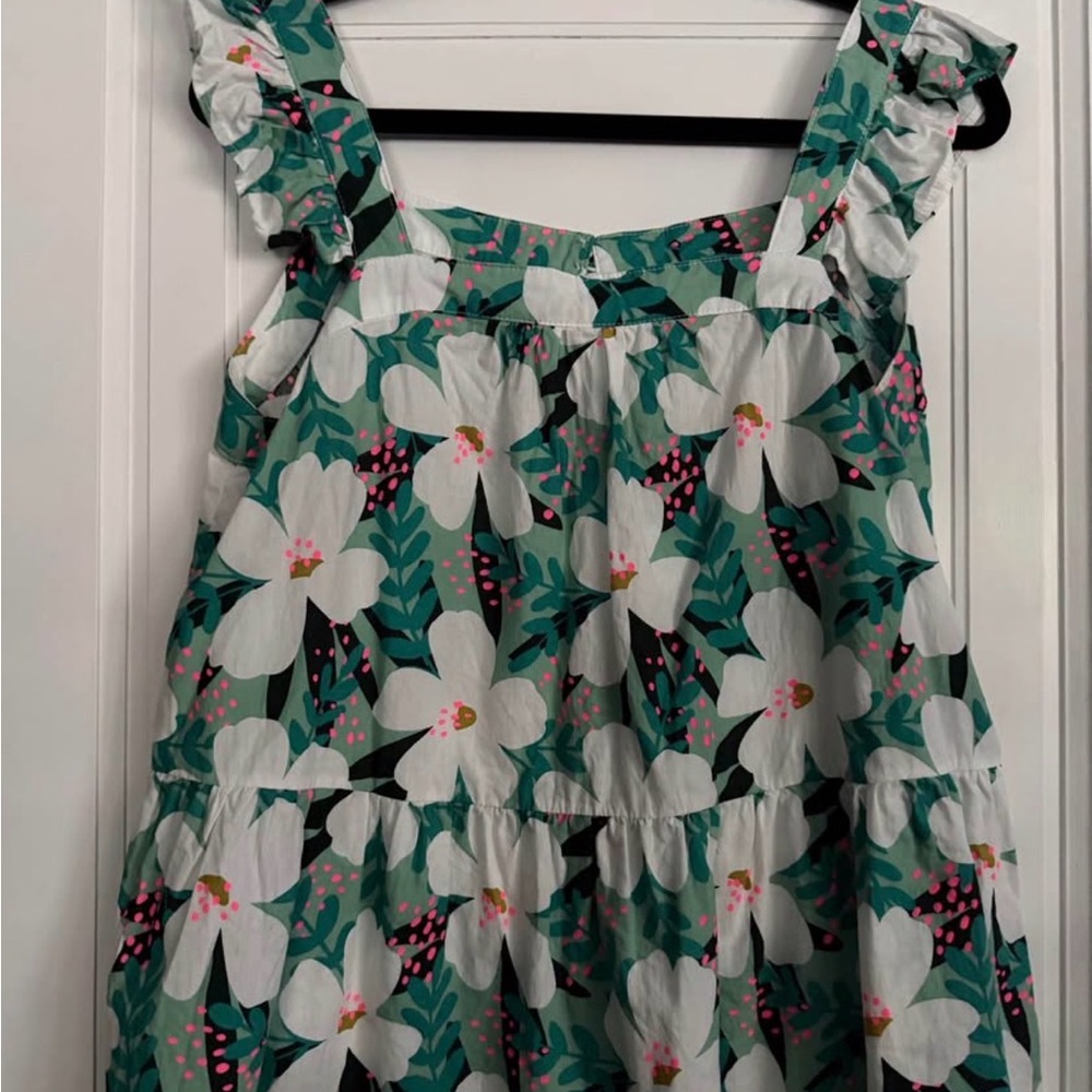 THML Floral Ruffle Strap Tank Top in White and Teal with Pink Accents
